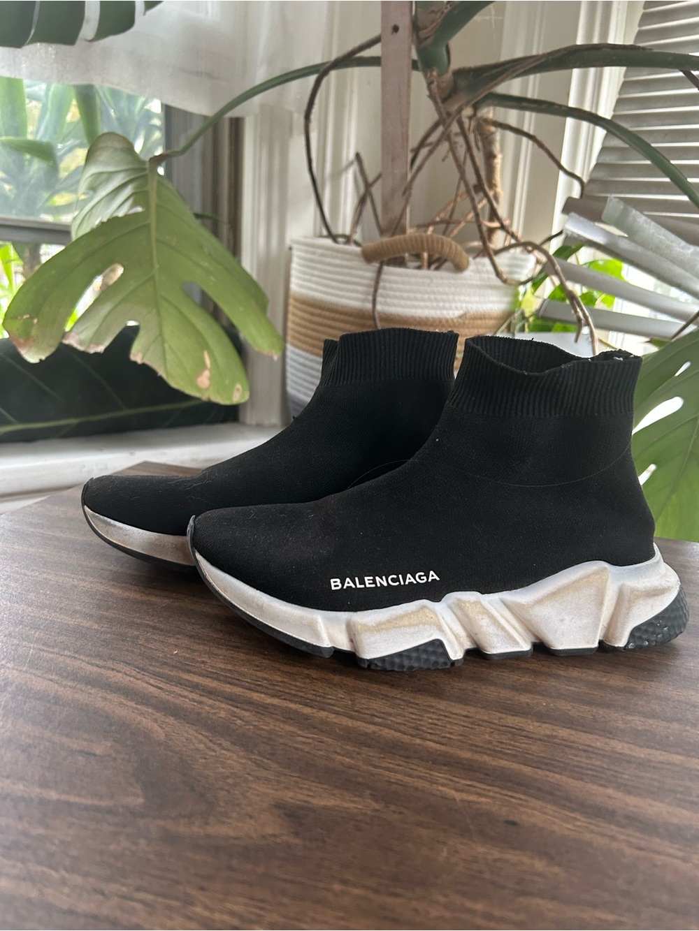 Balenciaga Black Sock-Style Slip-On Sneakers with White Platform Sole
